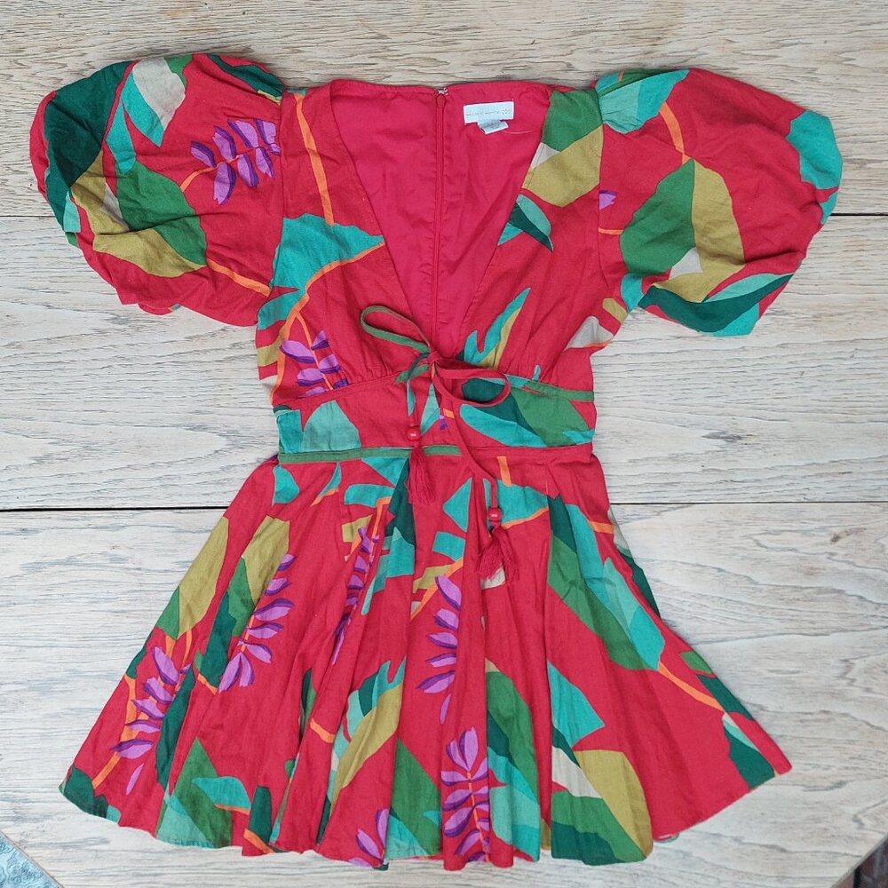 House of Harlow 1960 size 2 sturdy linen blend red puffed sleeve mini dress